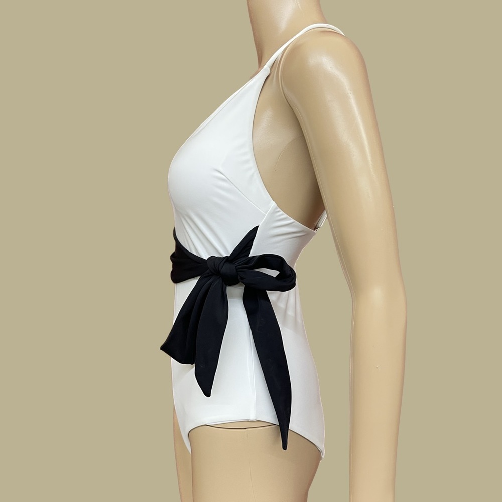 Black and White One Piece Cross Back Tie Waist Swimsuit Size Small